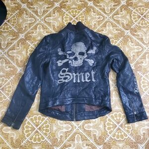 Black Leather Skull-Back Biker Jacket by (brand not visible)